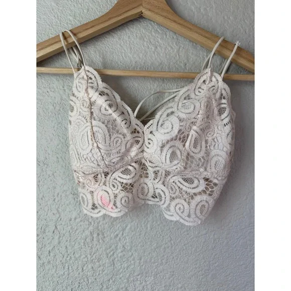 PINK Victoria's Secret Ivory Floral Lace Longline Bralette XS Strappy Smocked‎