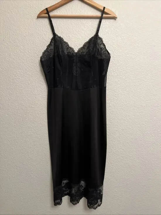 Vintage Lingerie Dress Slip Lace Sabrina Carpenter Black Quiet Luxury USA 36 TT