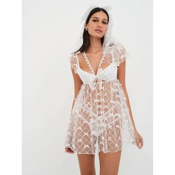 NWT FOR LOVE & LEMONS Fiorella White Bow Sheer Slip Dress Bridal Romantic Sz M