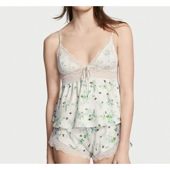 Victoria's Secret Bumblebee Lounge Set White Satin Green Flowers Lingerie Size M
