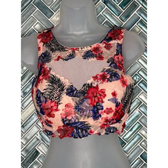 VICTORIA'S SECRET‎ PINK TROPICAL FLORAL LACE HIGH NECK PADDED BRALETTE LARGE