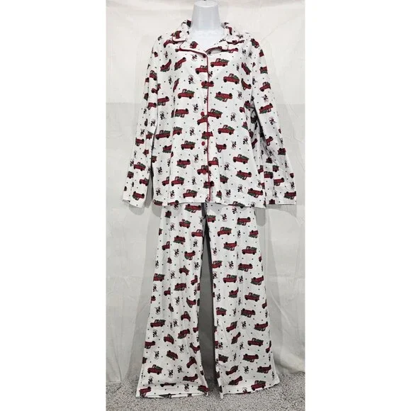 Disney Mickey Mouse Flannel Pajamas 2 Piece Red Truck Christmas Tree Womens XL