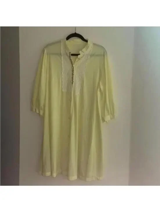 Vintage Yellow Button Down Pink Floral Embroider Lacer Trim Nightgown Lingerie