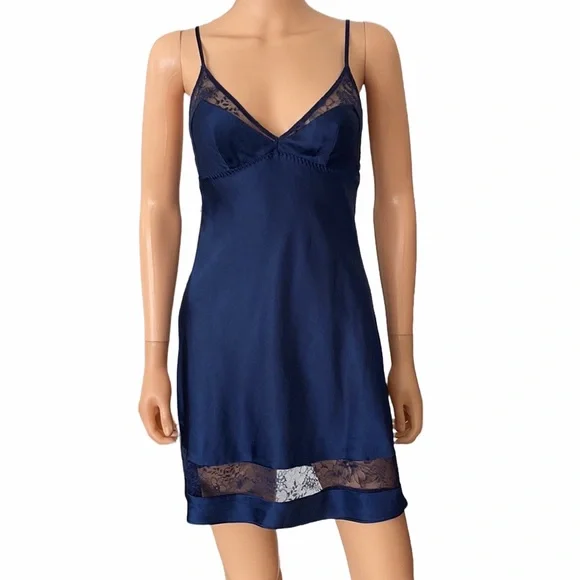 Vintage Victoria Secret Blue Silky Slip Dress with Lace