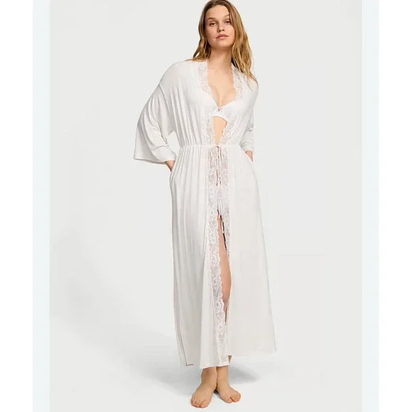 Victoria Secret Women XL Modal Lace Trim‎ Robe Ivory/off White Mint Condition