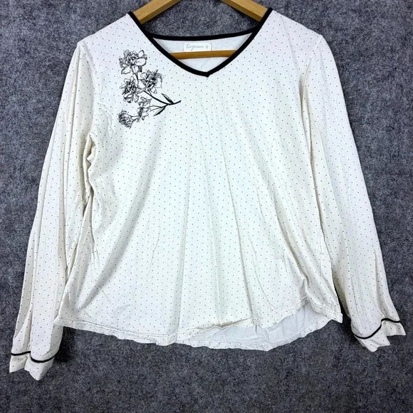 Keyocean Sleepwear Top Women's Medium White Polka Dot Floral Long Sleeve V-Neck