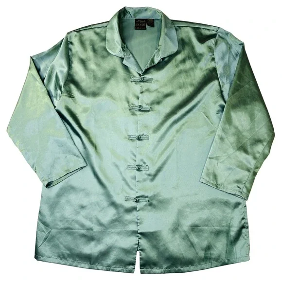 Signature Club A Adrienne Satin Pajama Top Sage Green Frog Button M/L Loungewear