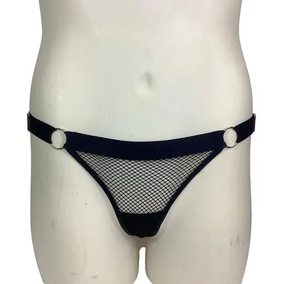 Victorias Secret Very Sexy Thong String Small/Petite Black Fishnet Gold Hardware
