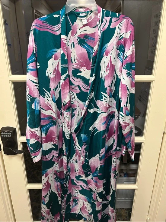 Vivid Teal & Pink/Magenta Fuschia tropical Print, Retro 80s/90s loungewear robe,