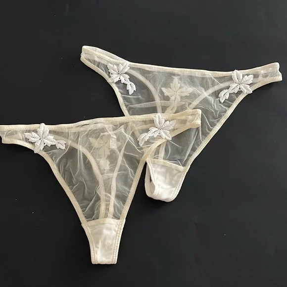 Myla London 2 Sheer Embroidered Mesh Thong Panties Bundle Ivory XS/S