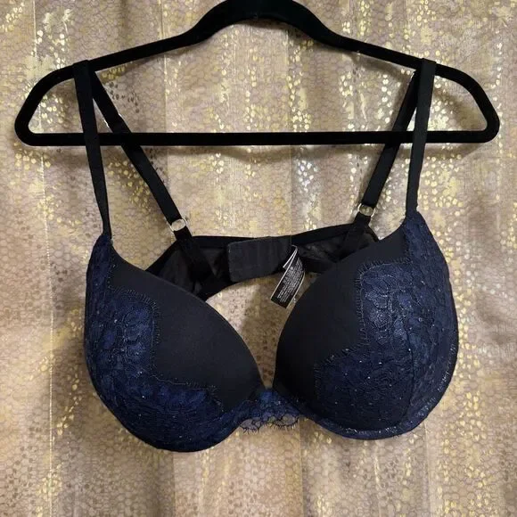 Victorias Secret Very Sexy Pushup Navy Blue Black Lace Rhinestone Bra 38DD