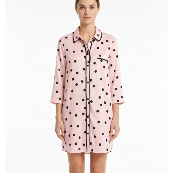Kate Spade Sleep Shirt Womens Large Pink Polka Dot Satin Button Down Piping 6194