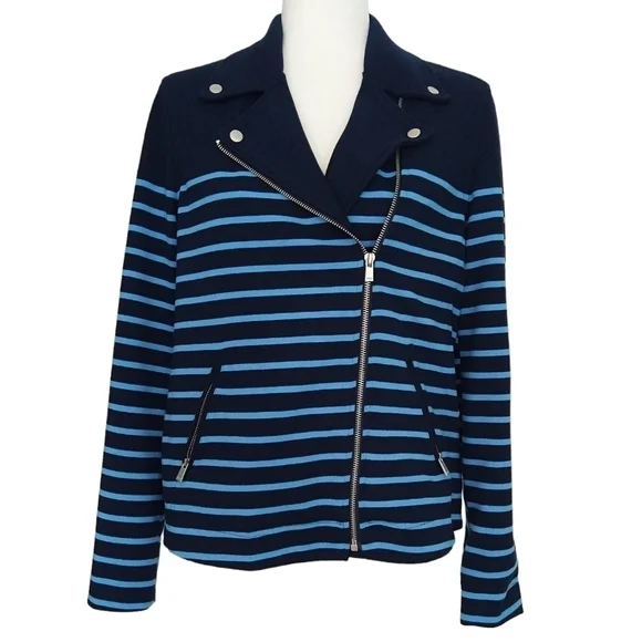 NYDJ Navy Blue Stripe Ponte Knit Moto Jacket Zip Pockets Preppy Modern Nautical