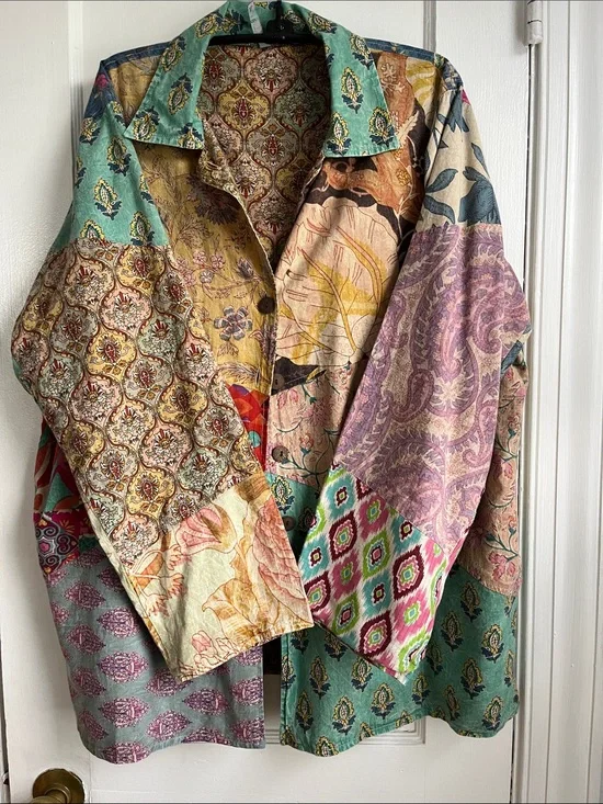 Patchwork Printed Button-Front Jacket - Multicolor