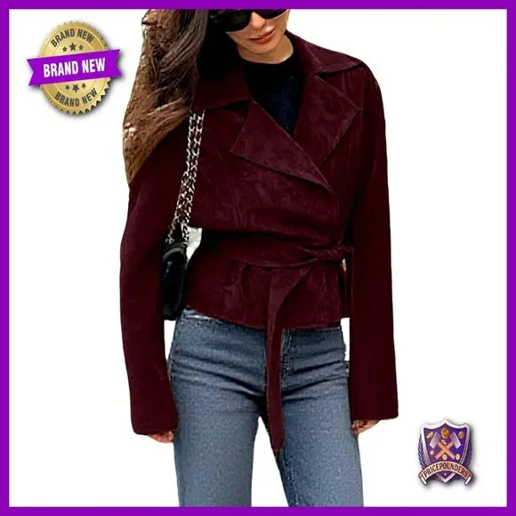 Faux Suede Cropped Wrap Coat Vintage Casual Belted Jacket Fall Fashion