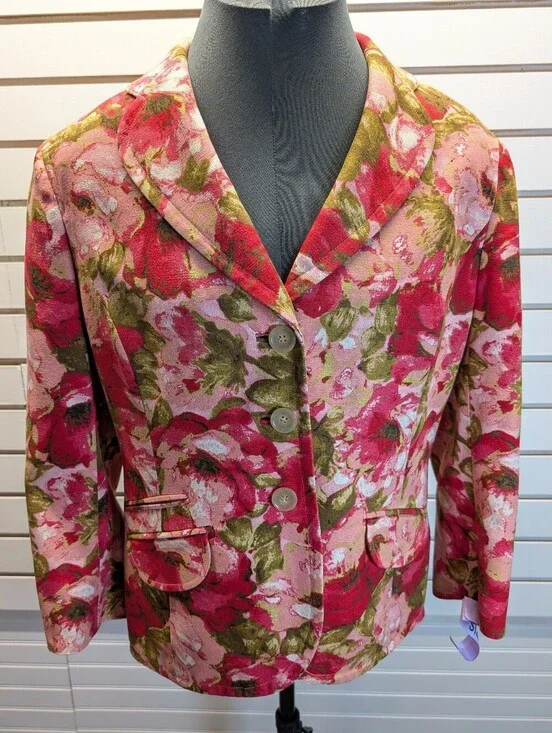 ANN TAYLOR Women's Watercolor Floral Silk Structured Blazer Jacket Pink Size 14
