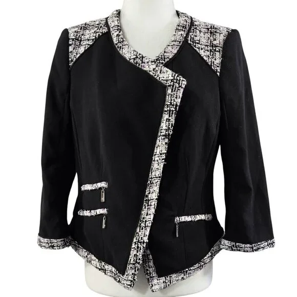 White House Black Market Black Contrast Tweed Trim Cropped Moto Jacket Pockets