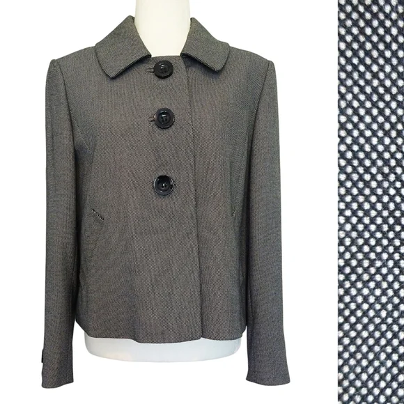 Tahari ASL Gray Mini Polka Dot Blazer Large Black Buttons Preppy Career PETITE