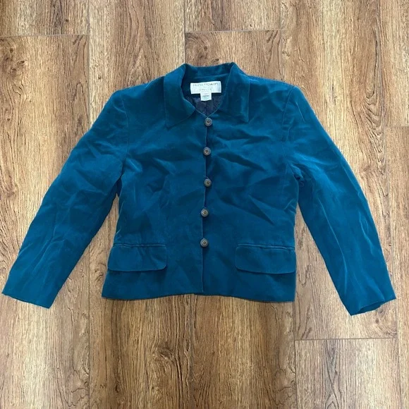 Vintage 90s Rena Rowan for Saville Petite Teal 100% Silk Blazer Jacket 8P Retro‎