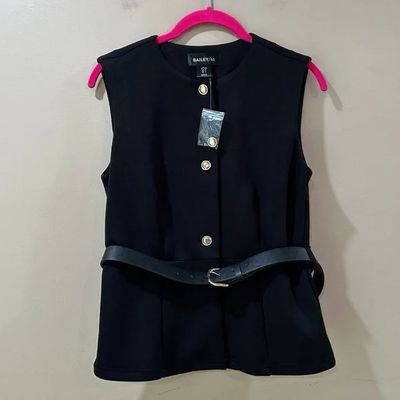 Bailey 44 Belted Vest Top Black Gold Buttons Sleeveless Waistcoat Tailored Small