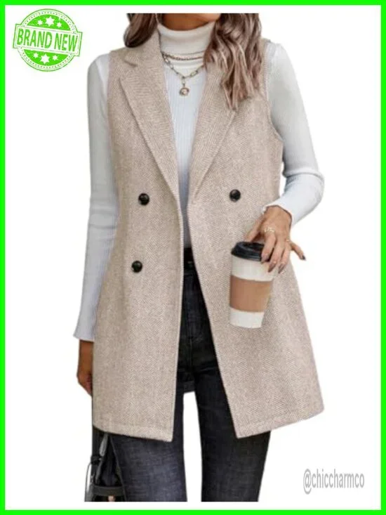 Long Sleeveless Tweed Blazer Vest Notch Lapel Double Breasted Cardigan Outerwear