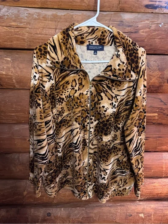 Jones New York Faux Fur Animal Print Zip Jacket - Brown/Tan/Black