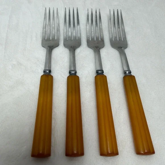 Set of 4 VTG Butterscotch Bakelite Handle Stainless Steel Dinner Forks Farmhouse