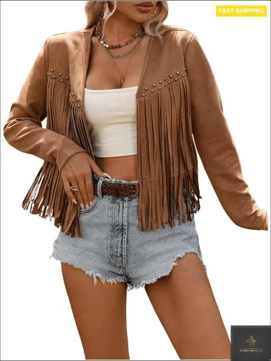 Faux Suede Fringe Trim Long Sleeve Open Front Cardigan Jacket Western Concert