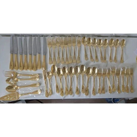 Rogers Bros EP 1847 Korea Gold Tone Shell Pattern Flatware Cutlery 46 Pc Set