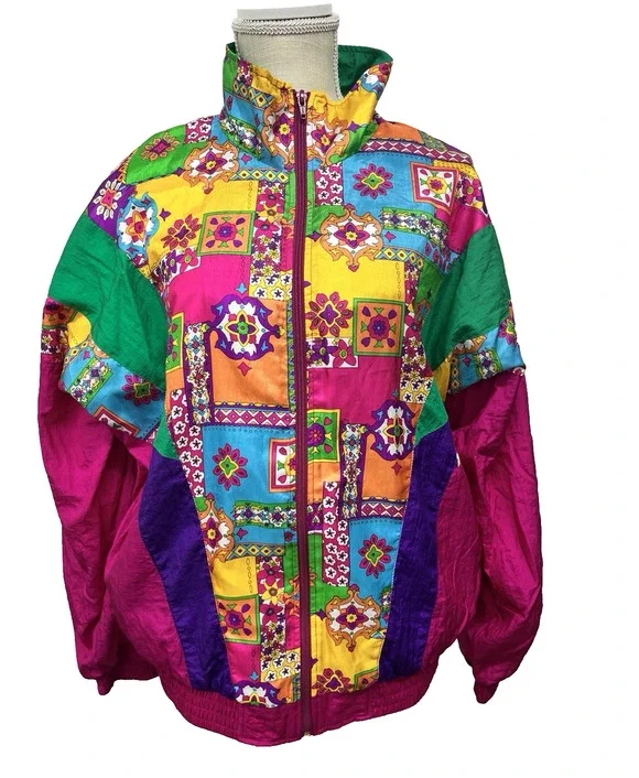 Vintage Windbreaker Jacket Women Large Nylon Loud Geometric Pattern Retro 80s 90