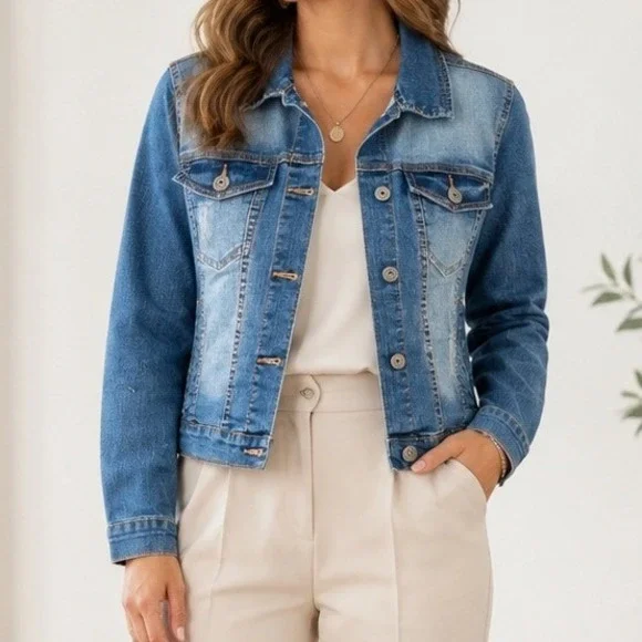 New Look Womens Medium Wash Distressed Stretch Denim Trucker Jacket Blue Size M