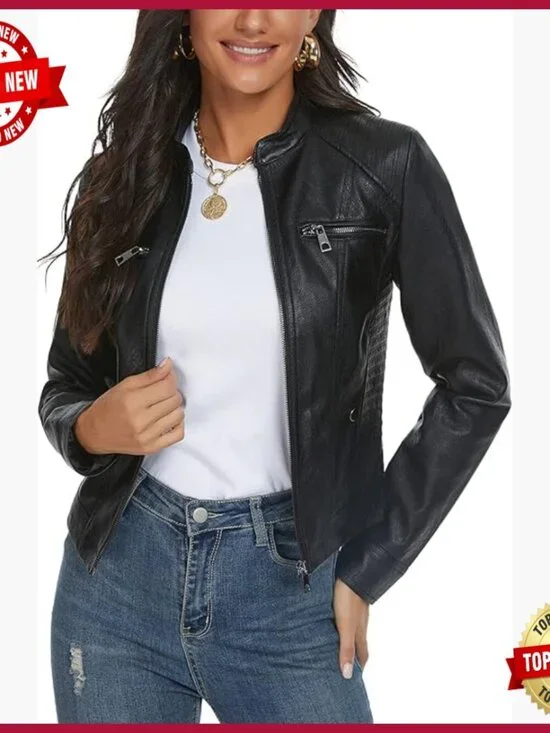 Faux Leather Motorcycle Jacket with Stand Collar, Polyester Lining
