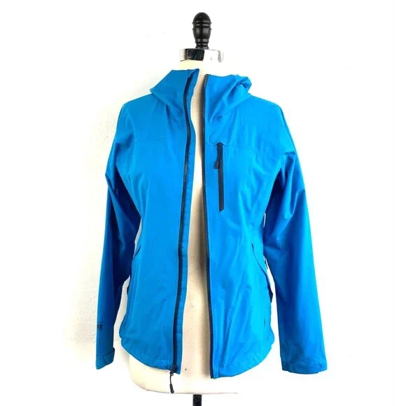 Mountain Hard Wear Rain Jacket Woman XS Aqua Blue Hood Zip Nylon Pockets Outdoor
