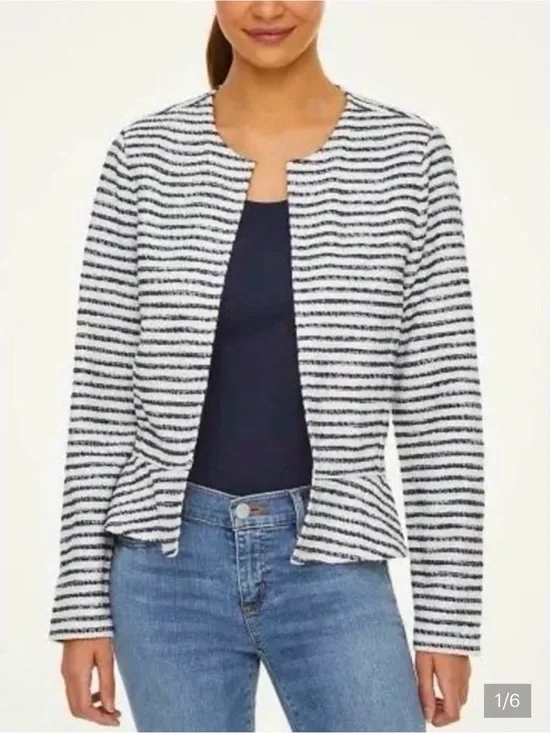 Loft Tweed Open Front Peplum Navy Blue Off White Stripe Blazer M Nautical Preppy