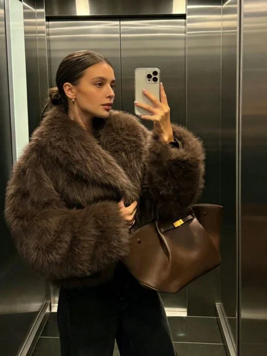 Brown Casual Women's Faux Fur Collar Short Jacket