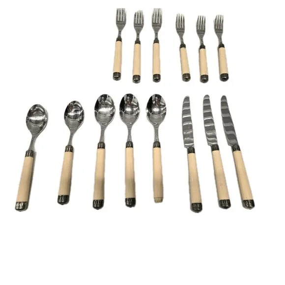 14 Pieces EME Napoleon Stainless Flatware Ivory Cream‎ Color Handles Italy