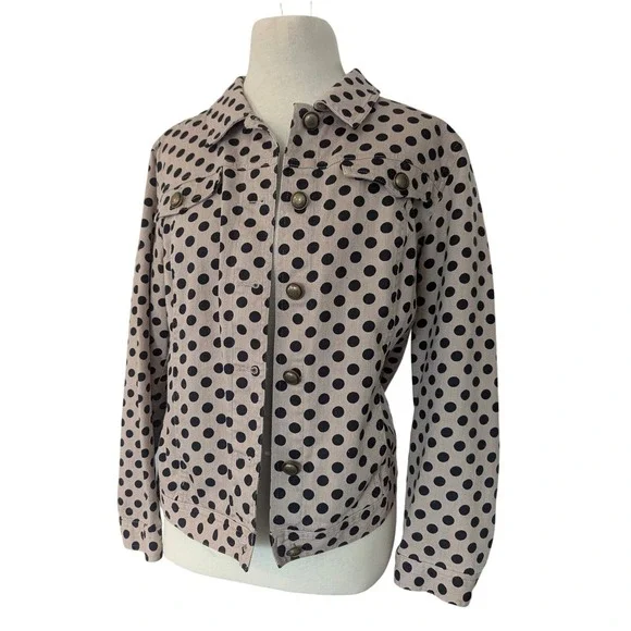 Christopher & Banks Petite Polka‎ Dot Denim Jacket Tan Black Button Front PM