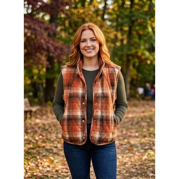 Haptics Holly Harper Orange Plaid Quilted Snap Front‎ Vest Pockets Medium