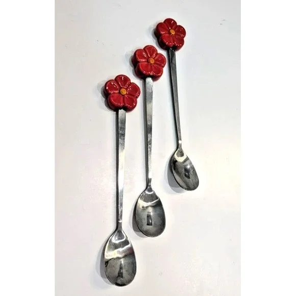 TEMP-TATIONS Old World Red Flower Top Tea Spoons 6 1/2‎ Inches Lot of 3