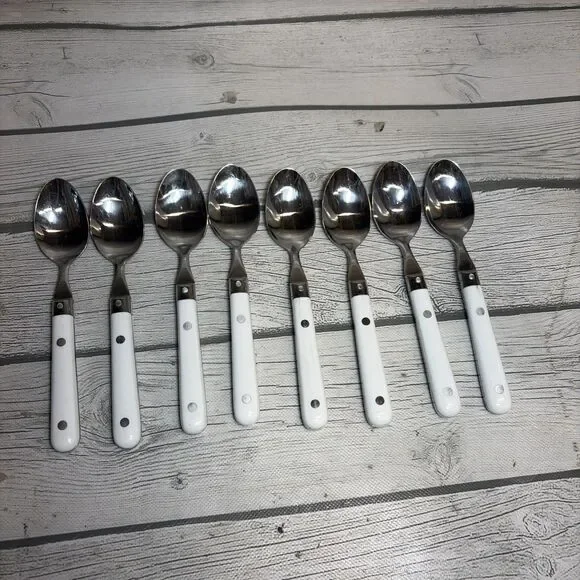 Vintage Flatware 8Teaspoons Stainless Korea White Handle