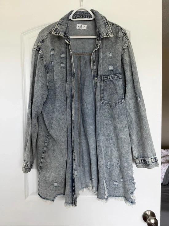 Light Acid Wash Distressed Denim Jacket - Oversized Jean Shacket