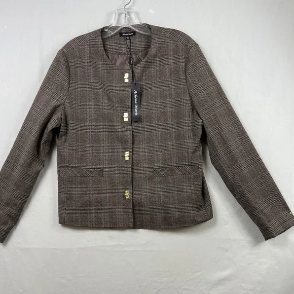 Athena Marie Plaid Blazer Women 12 Brown Gold Turn Lock Collarless Jacket NEW