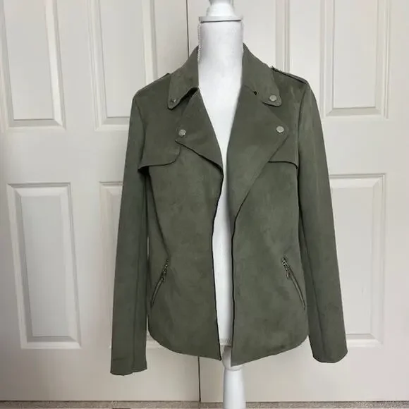 INC Medium Olive Green Faux Suede Vegan Drape Front Jacket Edgy Zipper Woman