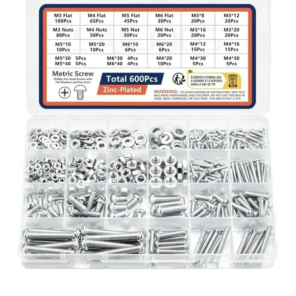 600Pcs Screws Bolts Nuts Assortment Kit Metric Screws and Flat Washers Head Sets
