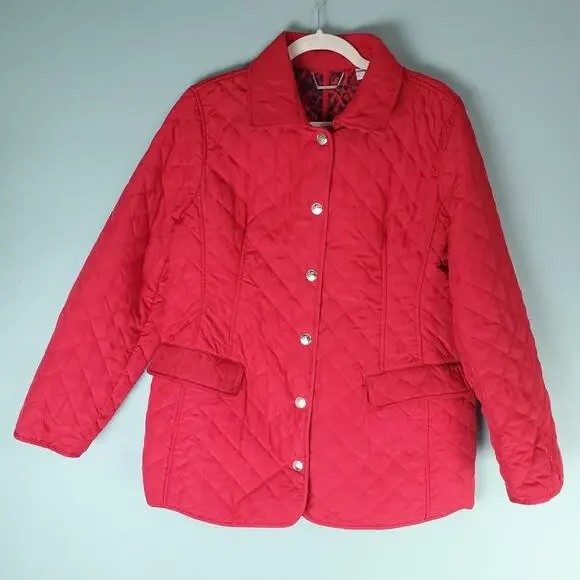Chico's Womens Red Modern Quilted Jacket Animal Print Lined Pockets Size 2 Large