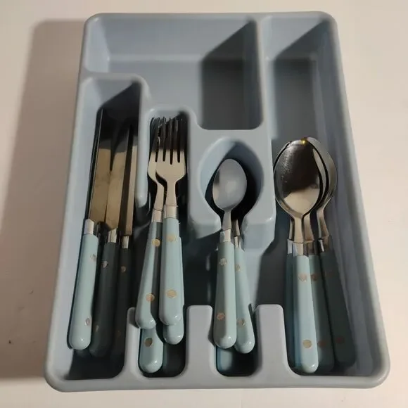 Vintage 18Pc Sky Blue Plastic Riveted Handle Stainless Flatware Made in Taiwan