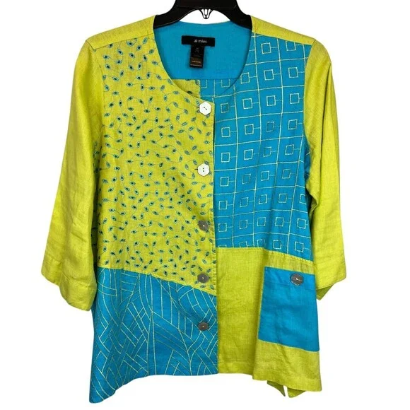 Ali Miles Vintage Turquoise & Lime Linen Lagenlook Shacket Jacket Top Size 1X