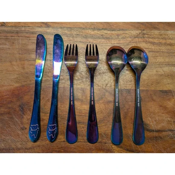 Rainbow Iridescent Teddy Bear Flatware Set 6pc Stainless Steel 18/0 Oil Slick‎