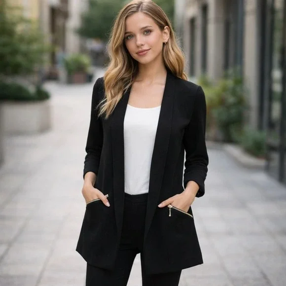 89th‎ + Madison Womens Black Open Front Blazer 3/4 Sleeve Zipper Pockets Size S