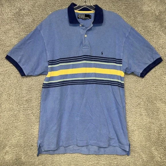 VTG Polo Ralph Lauren Shirt‎ Men's Size Medium Blue Stripe Polo Made in USA 90s